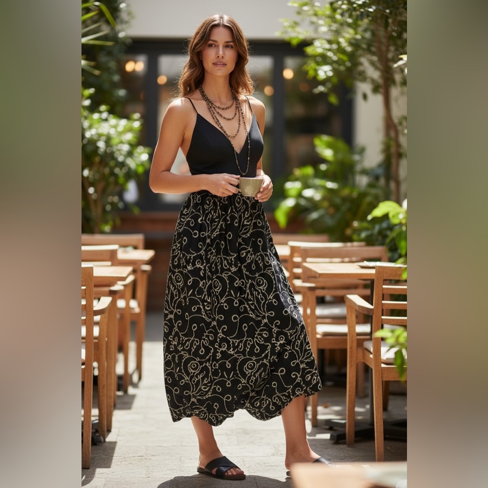 Maeve Anthropologie Strappy Eyelet Midi Flowy Dress Sz M Black Gold Metallic - Picture 2 of 8